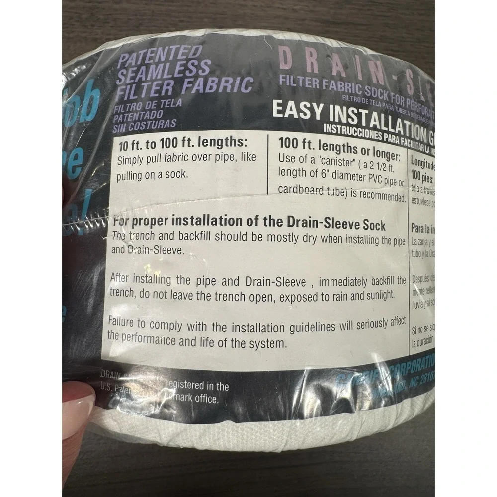 Drain sleeve filter fabric sock for perforated drain pipe.  prevents clogging